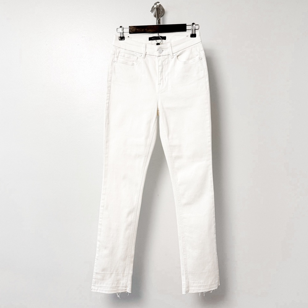 Eva Longoria Straight Leg Frayed Side‎ Slit Hem Winter Casual Chic Denim White